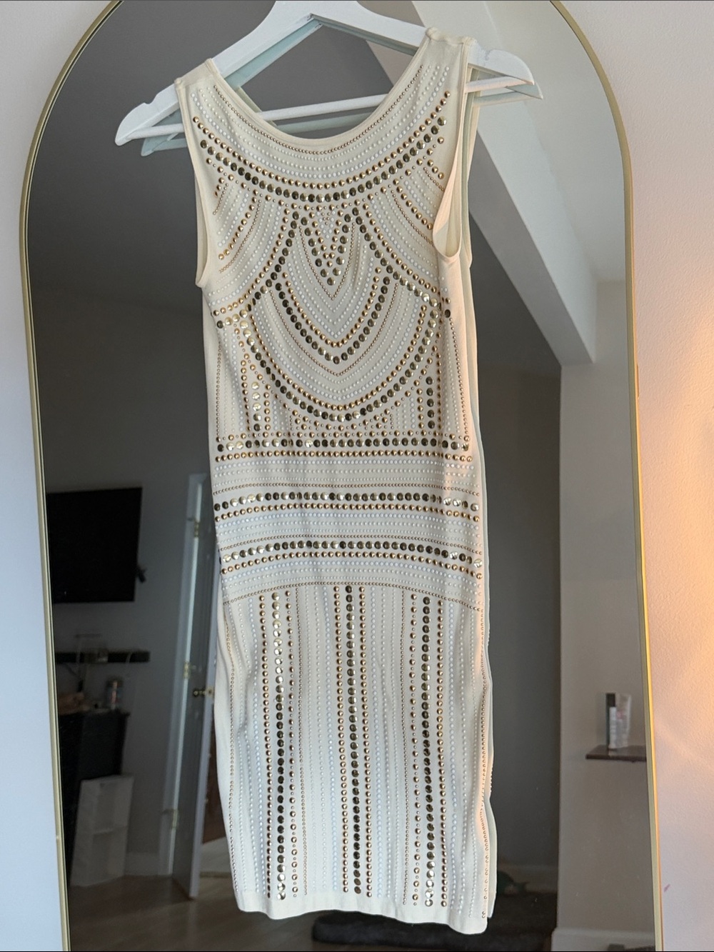 bebe Cream Dress with Gold Stud Accents